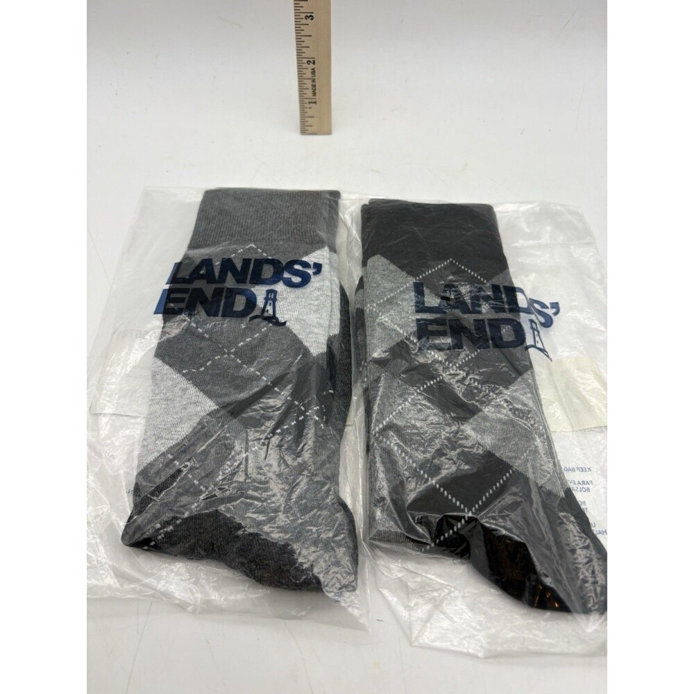 Lands’ End Men’s Dress Socks Argyle Lot 2 Pair Size M Gray Black NIP